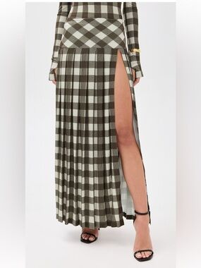 Norma Kamali Olive & Cream Checked Pleated Maxi Skirt with High Side Slit